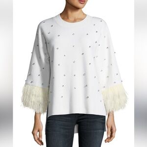 ☑️KOBI HALPERIN Jenea Embellished Crewneck Pullover Sweater w/Ostrich Feather